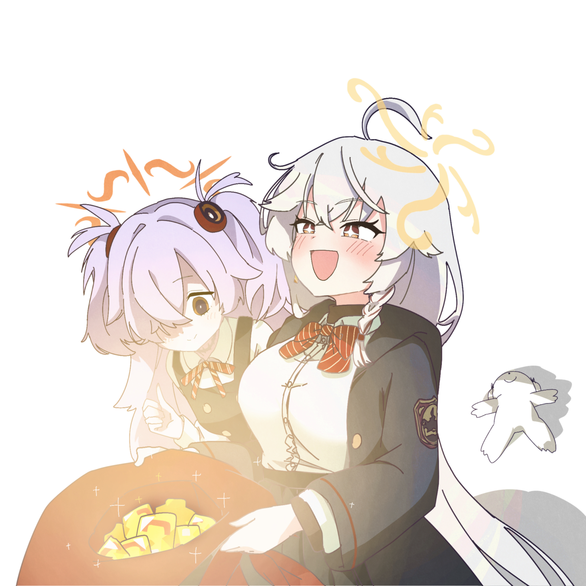 doodle sensei (blue archive), eri (blue archive), kanoe (blue archive), sensei (blue archive), blue archive, 1boy, 2girls, bow, bowtie, braid, gold, halo, hat, jacket, long coat, long hair, multiple girls, one eye covered, purple hair, shirt, skirt, sweater, thumbs up, twintails, white hair, witch hat
