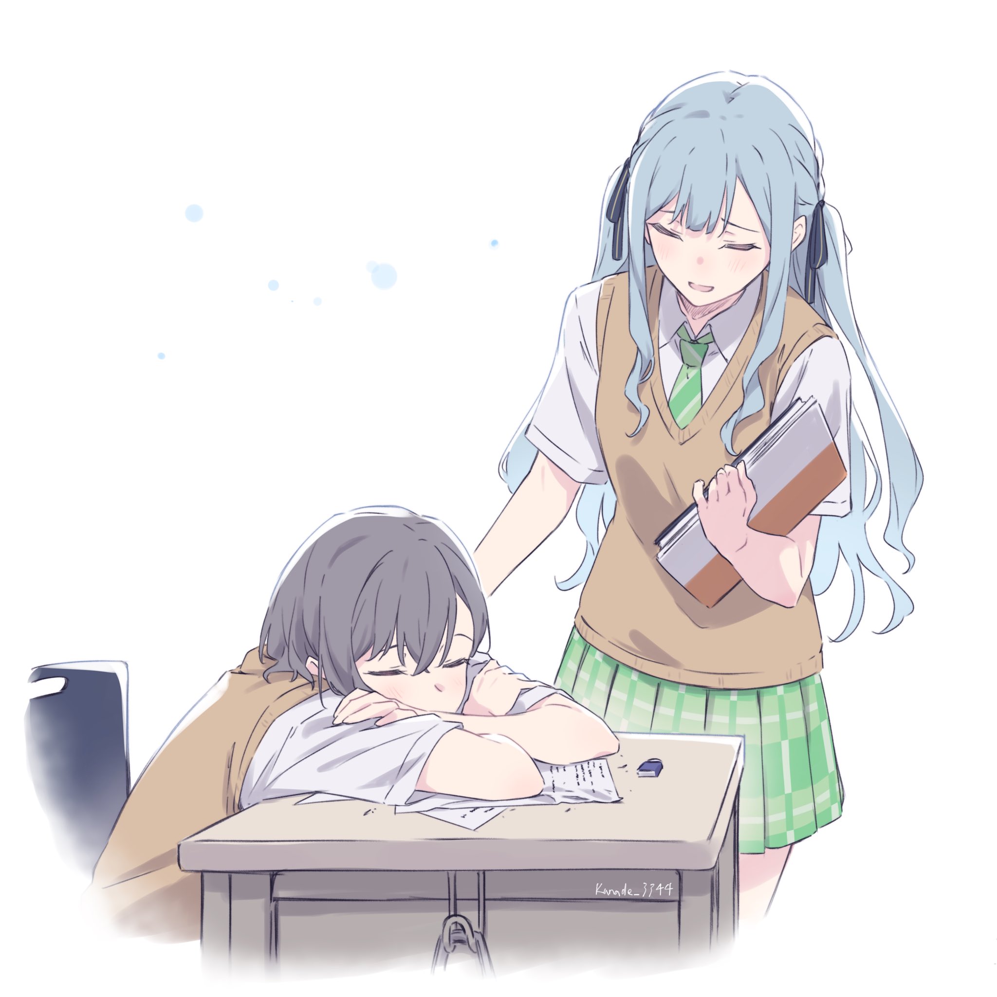 kanade (kanade 3344), takamatsu tomori, togawa sakiko, bang dream!, bang dream! it's mygo!!!!!, commentary, hashtag-only commentary, highres, 2girls, blue hair, brown sweater vest, eraser, green necktie, green skirt, grey hair, haneoka school uniform, long hair, multiple girls, necktie, plaid clothes, plaid skirt, pleated skirt, school uniform, shirt, short hair, sidelocks, simple background, skirt, sleeping, sweater vest, two side up, white background, white shirt