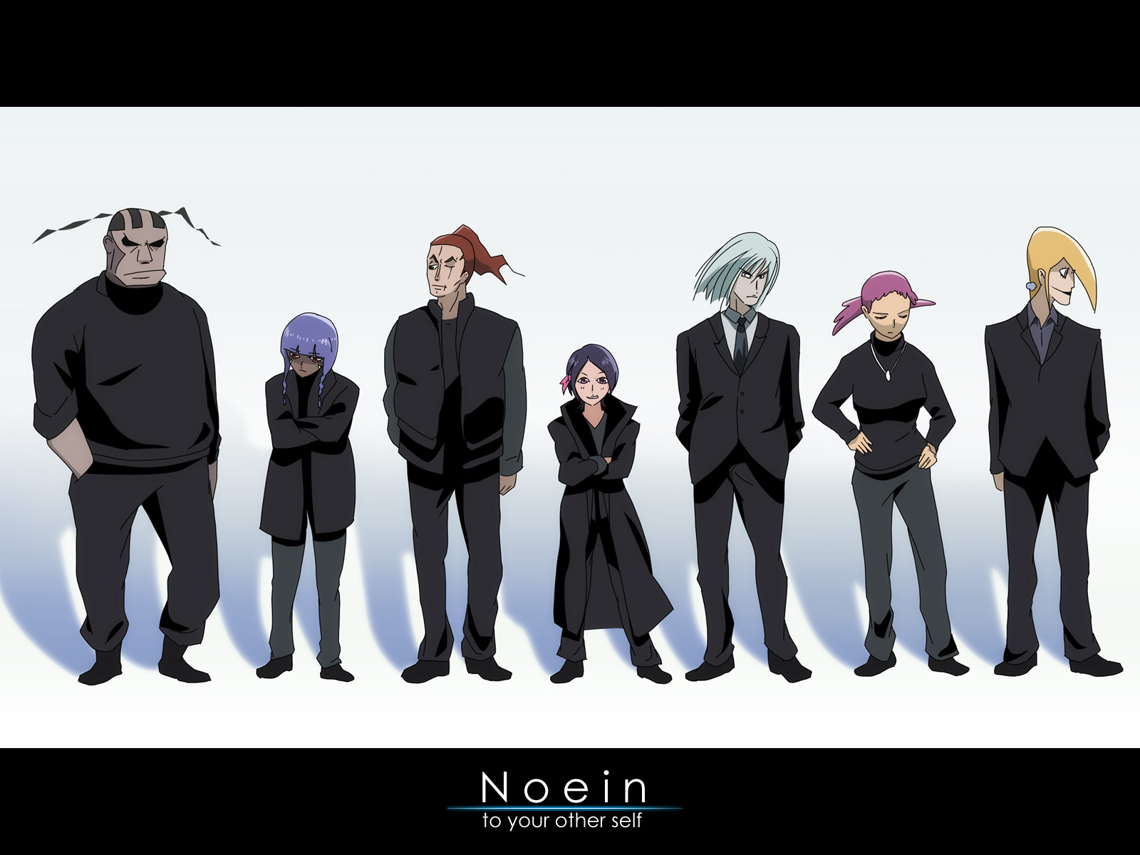 atori, atori (noein), fukurou (noein), isuka (noein), kaminogi haruka, karasu (noein), kosagi, tobi (noein), ghost in the shell, ghost in the shell: stand alone complex, noein, highres, 3boys, 3girls, blonde hair, everyone, formal clothes, ghost in the shell lineup, letterboxed, lineup, multiple boys, multiple girls, parody, suit