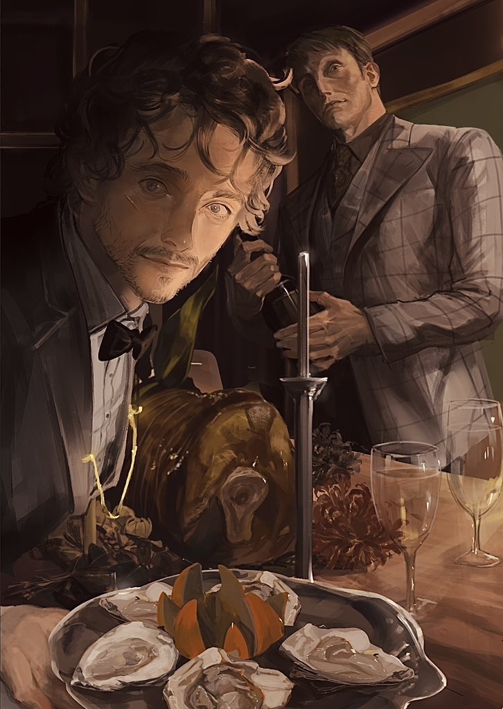 supergrass1004, hannibal lecter, will graham, hannibal (tv series), 2boys, alcohol, beard stubble, black bow, black bowtie, black jacket, black shirt, bottle, bow, bowtie, collared shirt, cup, drinking glass, facial hair, grey jacket, holding, holding bottle, indoors, jacket, looking at viewer, male focus, messy hair, multiple boys, oyster, picture frame, shirt, stubble, suit jacket, white shirt, white wine, wine, wine glass