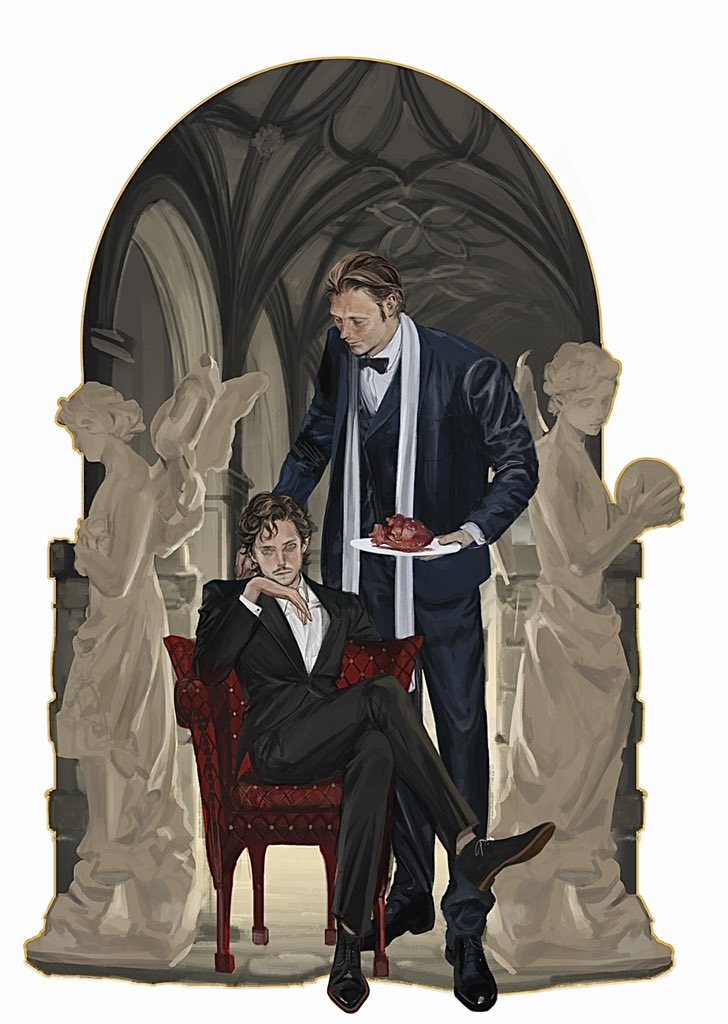 supergrass1004, hannibal lecter, will graham, hannibal (tv series), 2boys, arch, architecture, black bow, black bowtie, black shoes, black suit, blonde hair, border, bow, bowtie, brown hair, chair, collared shirt, crossed legs, food, formal clothes, hair slicked back, head on hand, holding, holding plate, jacket, male focus, meat, multiple boys, plate, shirt, shoes, sitting, standing, statue, suit, suit jacket, white border, white shirt