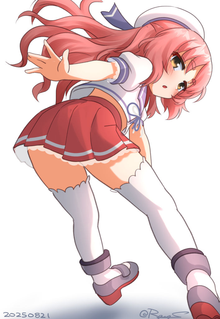 ray.s, yashiro (kancolle), kantai collection, 1girl, ass, blue sailor collar, brown eyes, brown hair, flower, gloves, hair ornament, hat, long hair, pleated skirt, puffy short sleeves, puffy sleeves, red skirt, sailor collar, sailor hat, sailor shirt, shirt, shoes, short sleeves, skirt, solo, thighhighs, wavy hair, white background, white gloves, white shirt