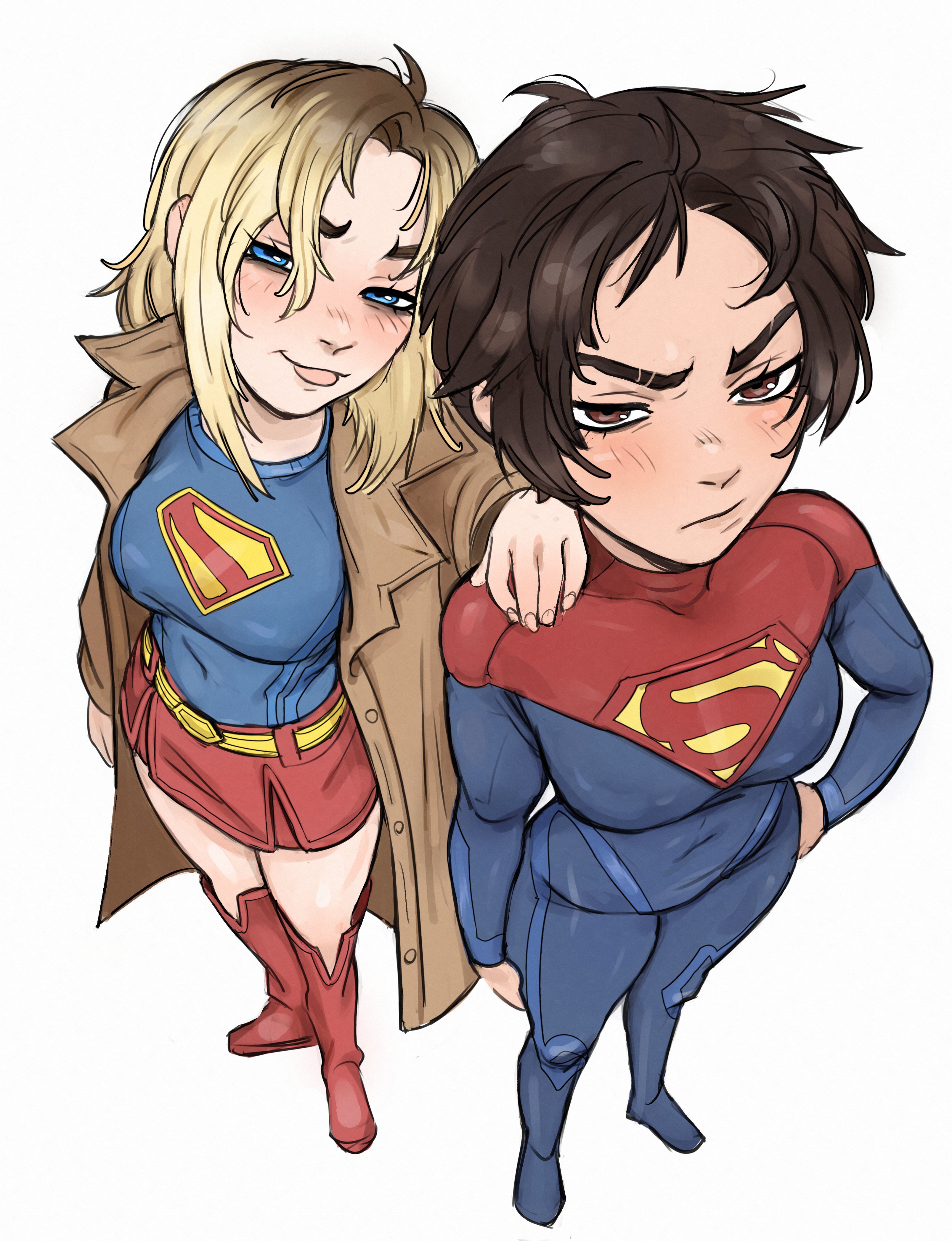 kirtome, supergirl, dc comics, dc universe (franchise), superman (2025), superman (series), the flash (series), absurdres, commentary, english commentary, highres, 2girls, black hair, blonde hair, blue bodysuit, blue eyes, bodysuit, boots, breasts, brown coat, brown eyes, coat, covered navel, hand on another's shoulder, hand on own hip, in-franchise crossover, knee boots, long hair, looking at viewer, multiple girls, multiple persona, red boots, red skirt, short hair, simple background, skin tight, skirt, standing, superhero costume, tongue, tongue out, white background
