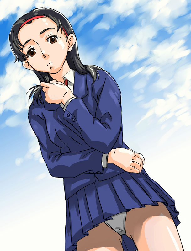 watage (tondeke watage), original, 1girl, black hair, blazer, brown eyes, dress shirt, female focus, from below, hairband, jacket, long hair, miniskirt, necktie, panties, pantyshot, pleated skirt, school uniform, shirt, skirt, solo, standing, underwear, upskirt, white panties