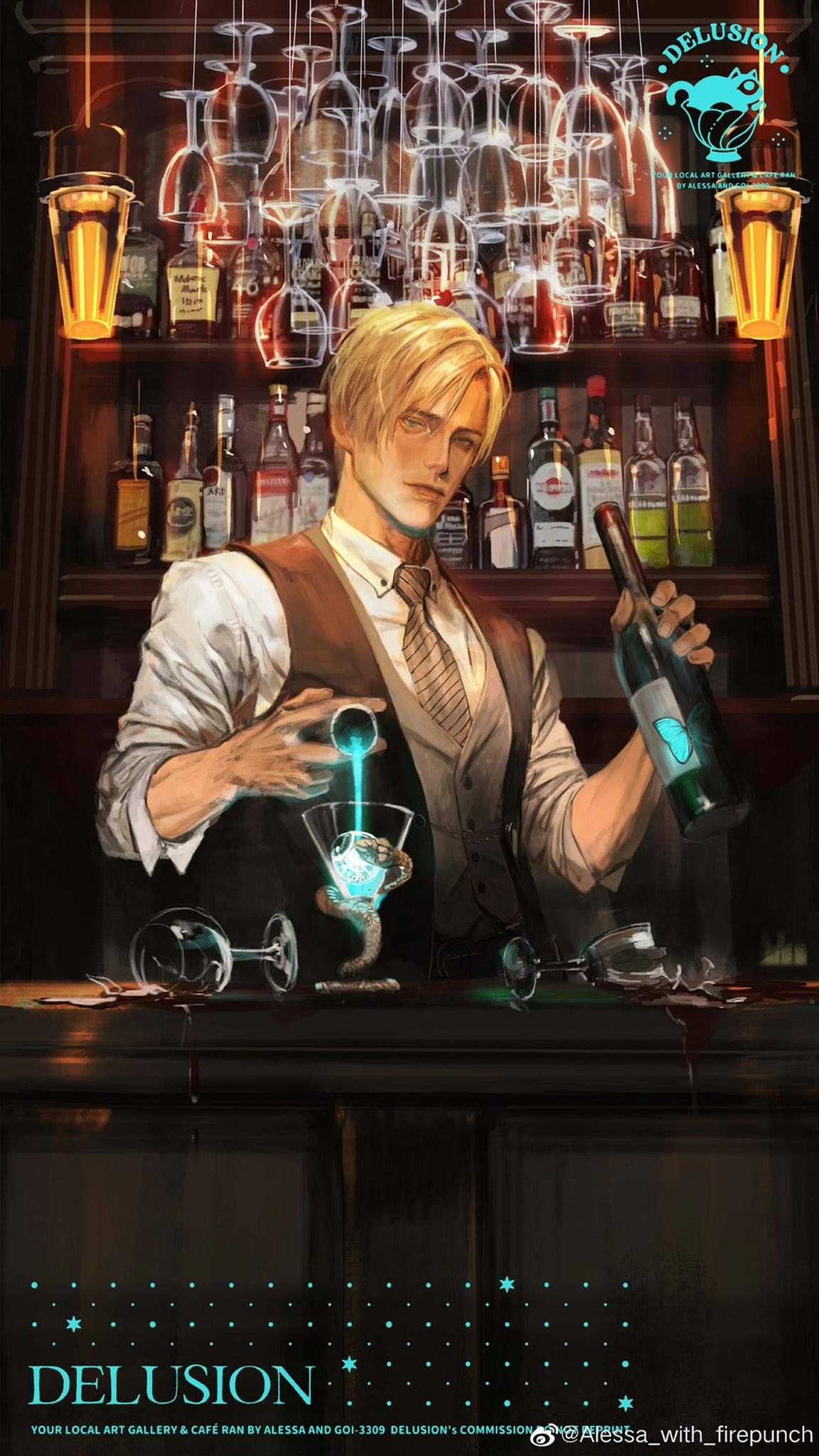 supergrass1004, leon s. kennedy, resident evil, resident evil 4, resident evil 4 (remake), highres, 1boy, bartender, black vest, blonde hair, bottle, closed mouth, cocktail glass, collared shirt, cup, drinking glass, grey vest, holding, holding bottle, looking at viewer, male focus, necktie, parted bangs, pouring, shirt, short hair, sleeves rolled up, solo, striped necktie, upper body, vest, waistcoat, white shirt, wine glass