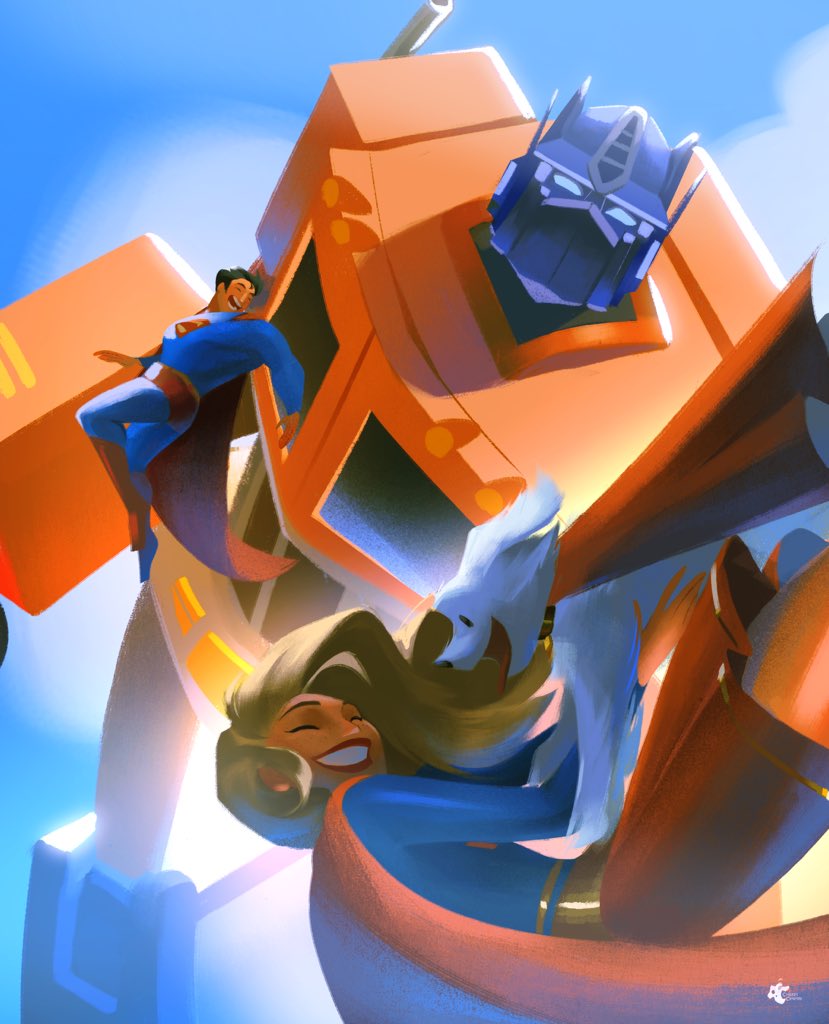 cheesy cryptid, optimus prime, supergirl, superman, dc comics, superman (series), transformers, commentary, english commentary, 1girl, 2boys, animal, black hair, blonde hair, blue bodysuit, bodysuit, boots, building, cape, closed eyes, cloud, cousins, dog, flying, grin, happy, humanoid robot, lipstick, long hair, long sleeves, looking at another, makeup, multiple boys, open mouth, red boots, red cape, red skirt, robot, short hair, skirt, sky, skyscraper, smile, teeth, white dog