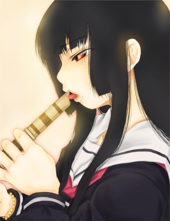 enma ai, jigoku shoujo, 00s, 1girl, black hair, black serafuku, blunt bangs, female focus, flute, hime cut, instrument, long hair, long sleeves, recorder, red eyes, school uniform, serafuku, sexually suggestive, solo