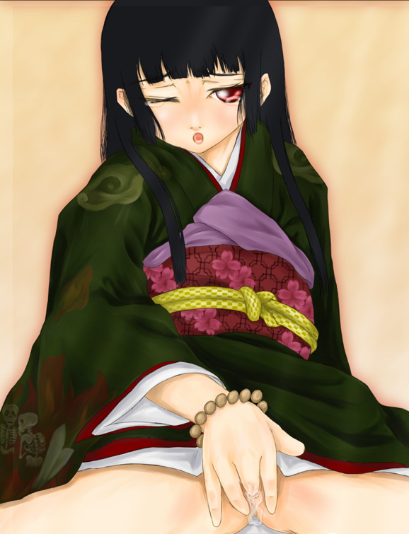 scharfschutze, enma ai, jigoku shoujo, 00s, black hair, blunt bangs, female masturbation, fingering, flat chest, hime cut, japanese clothes, loli, long hair, masturbation, pussy juice, red eyes, solo