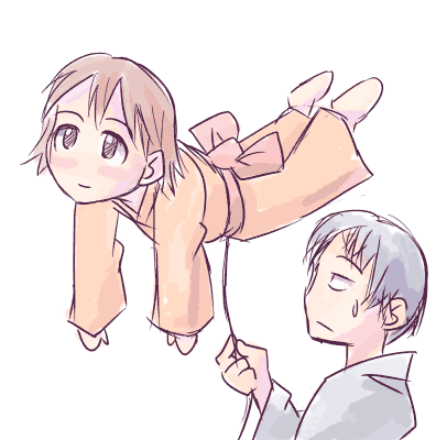 fuki (mushishi), seijirou (mushishi), mushishi, silver hair, animated, animated gif, lowres, 1boy, 1girl, brown eyes, brown hair, chibi, chibi only, floating, japanese clothes, sweat