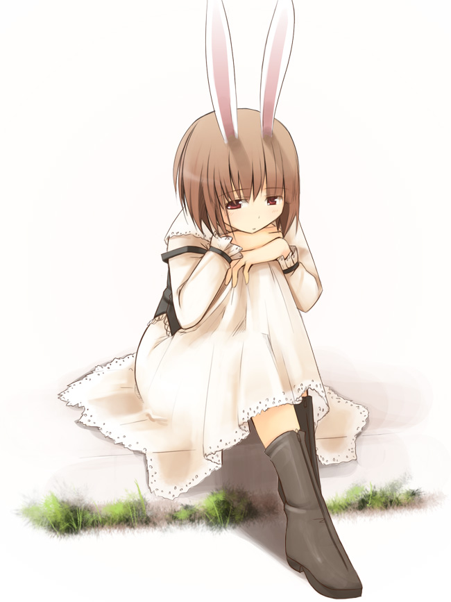 jirou (chekoro), 1girl, animal ears, blush, boots, brown hair, female focus, frills, rabbit ears, red eyes, sitting, solo