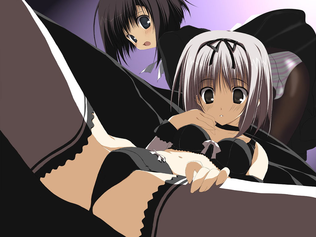 mitsumi misato, lace-trimmed legwear, silver hair, 2girls, black bra, black eyes, black panties, black thighhighs, blush, bow, bow bra, bow panties, bra, choker, crotch, detached sleeves, gothic lolita, hair ribbon, lace, lace-trimmed bra, lace trim, lingerie, lolita fashion, lying, multiple girls, on back, panties, ribbon, thighhighs, underwear, underwear only