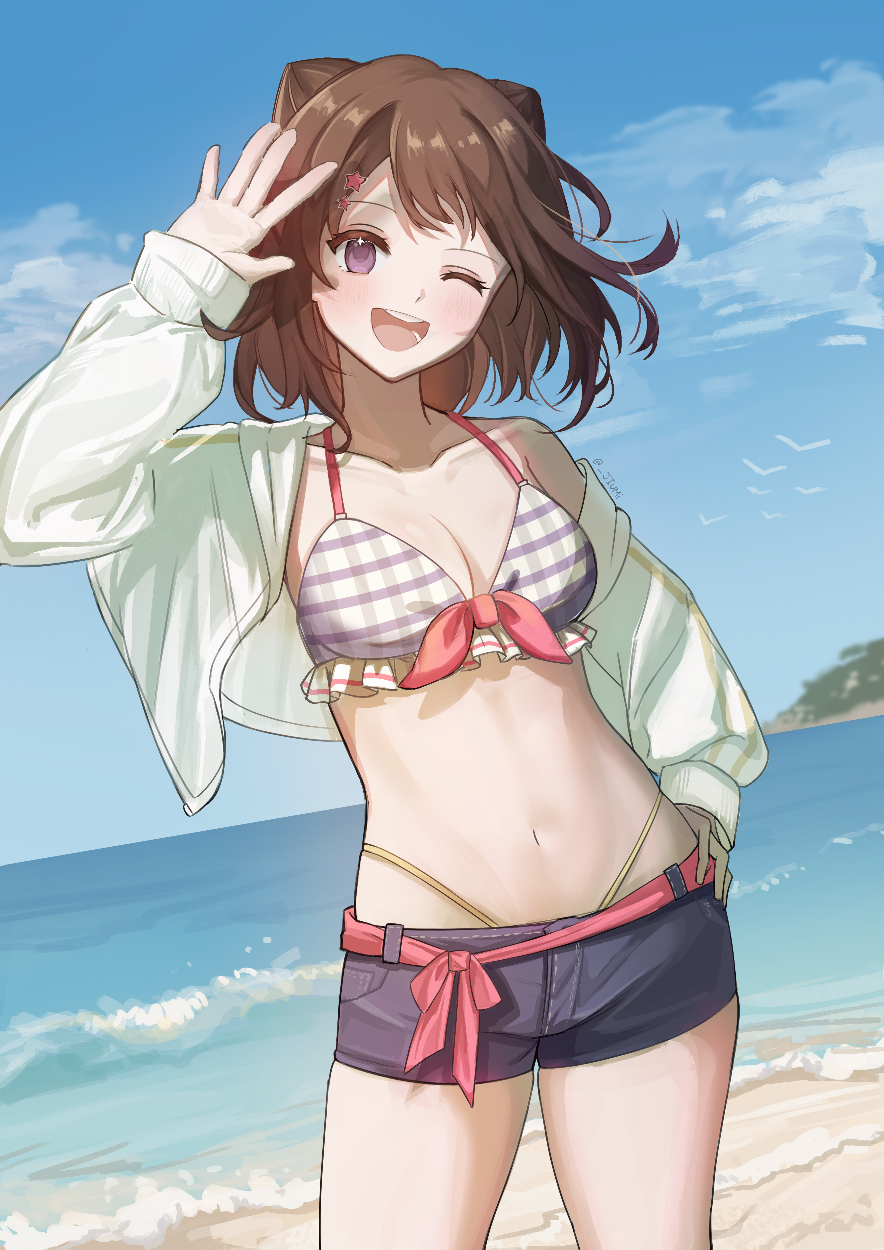 toyama kasumi, bang dream!, absurdres, commentary, highres, 1girl, beach, bikini, bikini under shorts, blue shorts, breasts, brown hair, cleavage, cone hair bun, day, hair bun, hair ornament, highleg, highleg bikini, jacket, jiumi, long hair, medium breasts, navel, one eye closed, open clothes, open jacket, open mouth, outdoors, purple eyes, shorts, solo, star (symbol), star hair ornament, stomach, swimsuit, white jacket