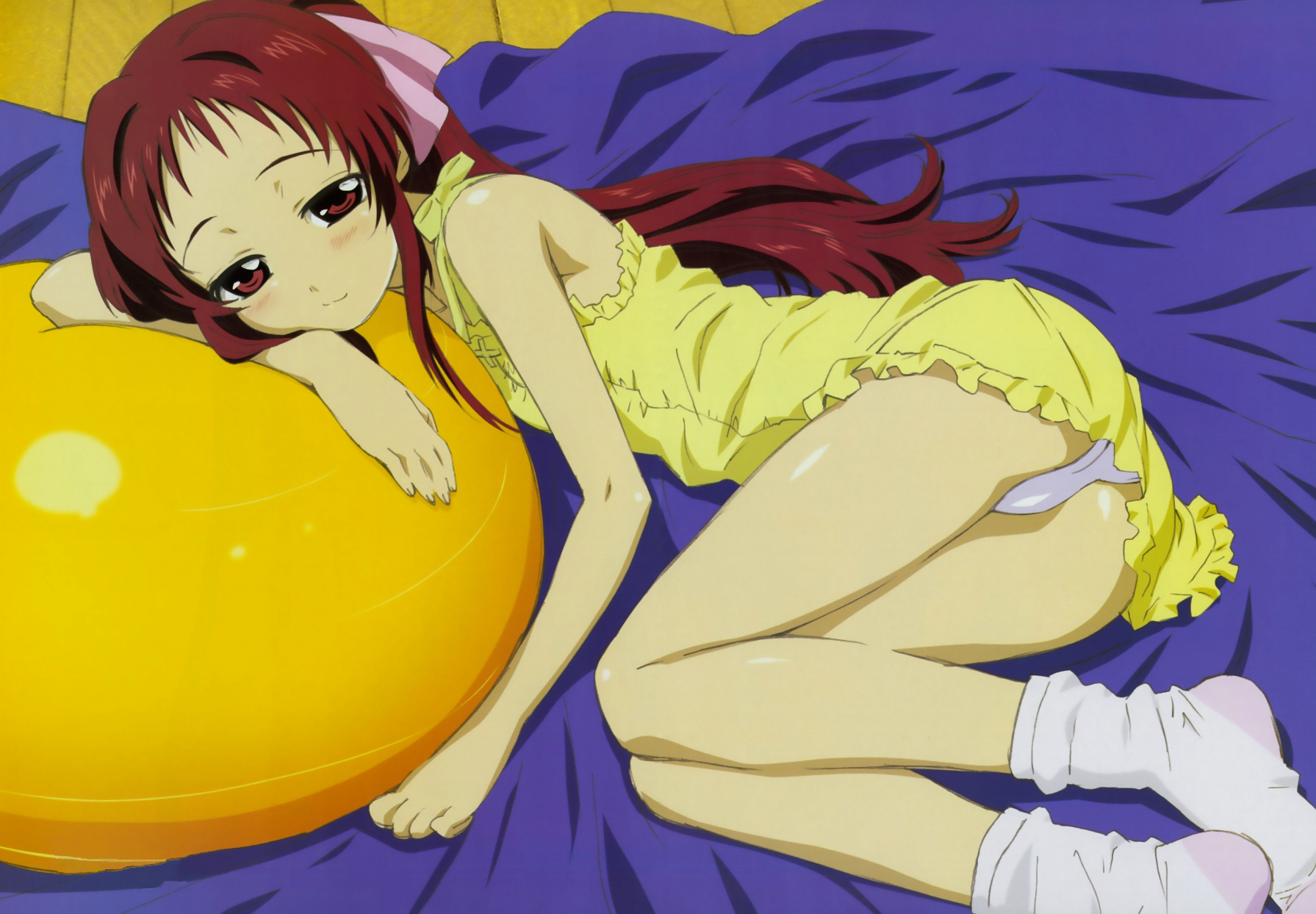 morioka hideyuki, onda aka, megami magazine, rec (manga), highres, non-web source, official art, scan, 00s, 1girl, ball, bed sheet, blush, brown eyes, brown hair, dress, exercise ball, feet, female focus, flat chest, frills, hair ribbon, long hair, lying, on floor, on side, panties, pantyshot, pillow, ponytail, red eyes, red hair, ribbon, short dress, sleepy, smile, socks, solo, underwear, white panties, white socks
