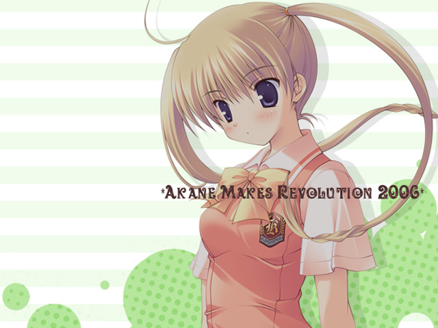 ikegami akane, kurusu tomari, kashimashi, 00s, 1girl, ahoge, arms behind back, blonde hair, blue eyes, blush, bow, braid, embarrassed, female focus, long hair, looking down, polka dot, polka dot background, profile, school uniform, scrunchie, shadow, solo, striped background, twin braids, twintails, upper body, very long hair