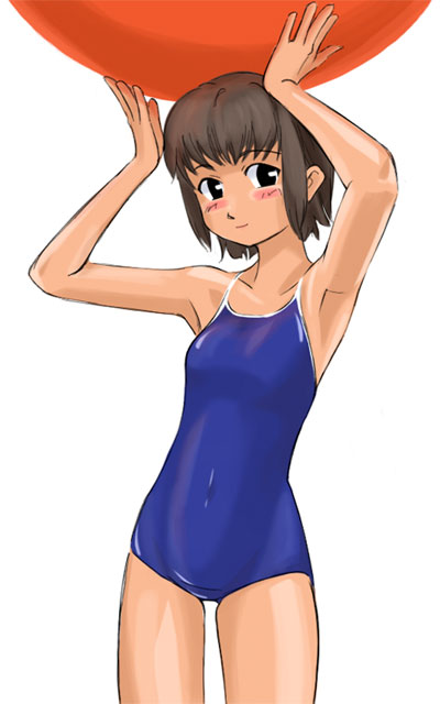1girl, armpits, ball, beachball, black eyes, blush, brown hair, female focus, one-piece swimsuit, school swimsuit, short hair, smile, solo, swimsuit
