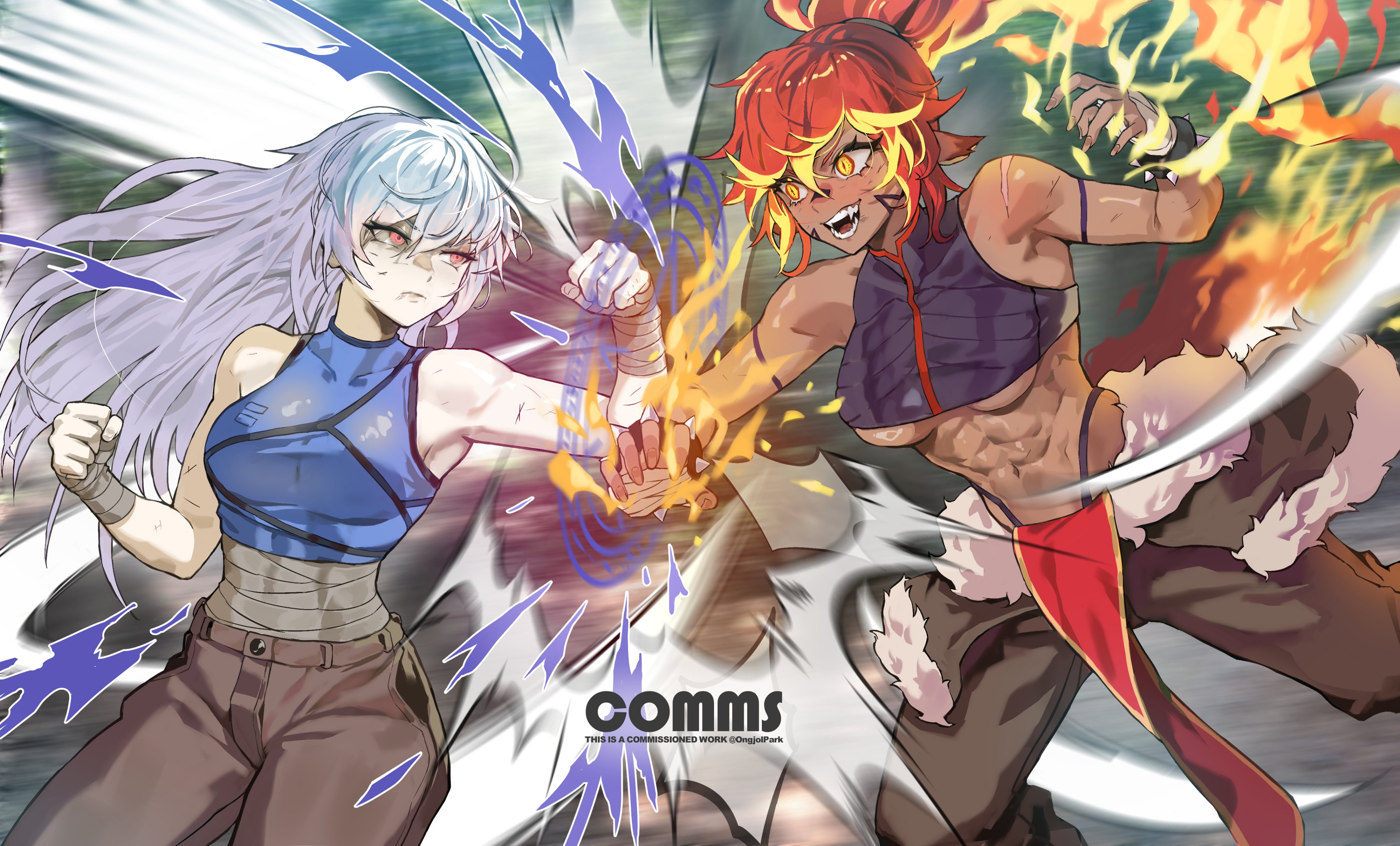 park ongjol, original, absurdres, commentary, commission, english commentary, highres, 2girls, abs, alina (cieluscian), bandaged wrist, bandages, bare shoulders, black shirt, blonde hair, blue shirt, blurry, blurry background, borrowed character, breasts, brown pants, clenched hands, closed mouth, cowboy shot, crop top, cropped shirt, crossover, dark-skinned female, dark skin, facial mark, fangs, feet out of frame, fiery hair, fighting, fighting stance, fire, flaming hand, fur-trimmed pants, fur trim, highleg, highleg panties, long hair, looking at another, magic circle, medium breasts, midriff sarashi, multicolored hair, multiple girls, open mouth, panties, pants, panty straps, pelvic curtain, pink eyes, polar opposites, pyrokinesis, red hair, sarashi, sasha vaschenko (frelia), scar, scar on shoulder, shirt, sleeveless, sleeveless shirt, slit pupils, spiked wristband, teeth, toned, toned female, two-tone hair, underboob, underwear, v-shaped eyebrows, white hair, yellow eyes