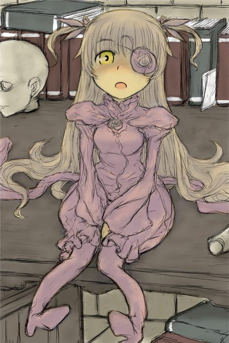 barasuishou, rozen maiden, 00s, 1girl, :o, bad anatomy, between legs, blush, bone, book, doll, dress, female focus, flower eyepatch, hand between legs, indoors, long hair, nose blush, on table, poorly drawn, purple dress, scroll, sitting, skull, solo, stone floor, table, two side up, very long hair