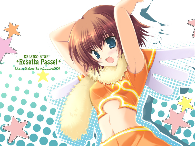 ikegami akane, rosetta passel, kaleido star, 00s, 1girl, 2006, :d, armpits, arms up, bare arms, blue eyes, blush, breasts, brown hair, character name, copyright name, dutch angle, female focus, fur collar, halftone, looking down, midriff, navel, open mouth, polka dot, polka dot background, red hair, short hair, sleeveless, small breasts, smile, solo