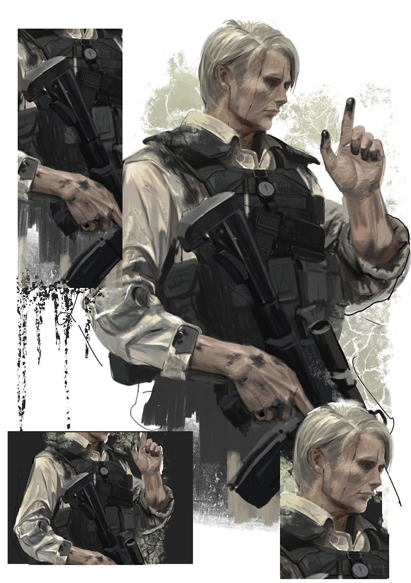 supergrass1004, mads mikkelsen, death stranding, highres, 1boy, assault rifle, blonde hair, bulletproof vest, cliff unger, collared shirt, dirty, dirty face, dirty hands, gun, holding, holding gun, holding weapon, male focus, pointing, rifle, scope, shirt, short hair, sleeves rolled up, solo, upper body, weapon, white background, white shirt