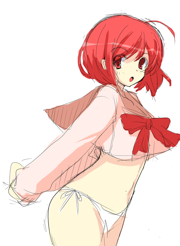 blush, midriff, oekaki, panties, red eyes, red hair, school uniform, serafuku, short hair, side-tie panties, solo, standing, underwear, white panties