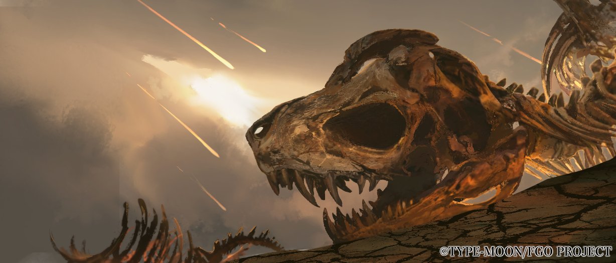 puccapucca02, fate/grand order, fate (series), official art, company name, copyright name, copyright notice, desert, dinosaur, meteor shower, nahui mictlan (fate/grand order), no humans, skeleton