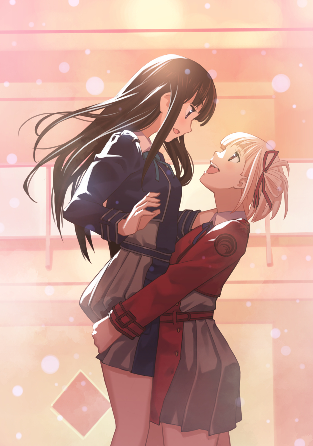 ogata kouji, inoue takina, nishikigi chisato, lycoris recoil, highres, bearhug, black hair, blonde hair, blue jacket, carrying, carrying person, from side, jacket, long hair, looking at another, lycoris uniform, open mouth, red jacket, short hair, smile