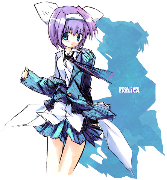 exelica, trigger heart exelica, blazer, jacket, miniskirt, necktie, pleated skirt, purple hair, ribbon, school uniform, shadow, short hair, skirt, solo