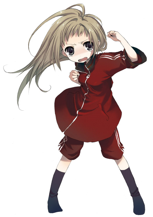 namori, original, 1girl, black eyes, blonde hair, brown hair, fang, female focus, fighting stance, grey eyes, gym uniform, kneehighs, shorts, simple background, socks, solo, tears, wind, zipper