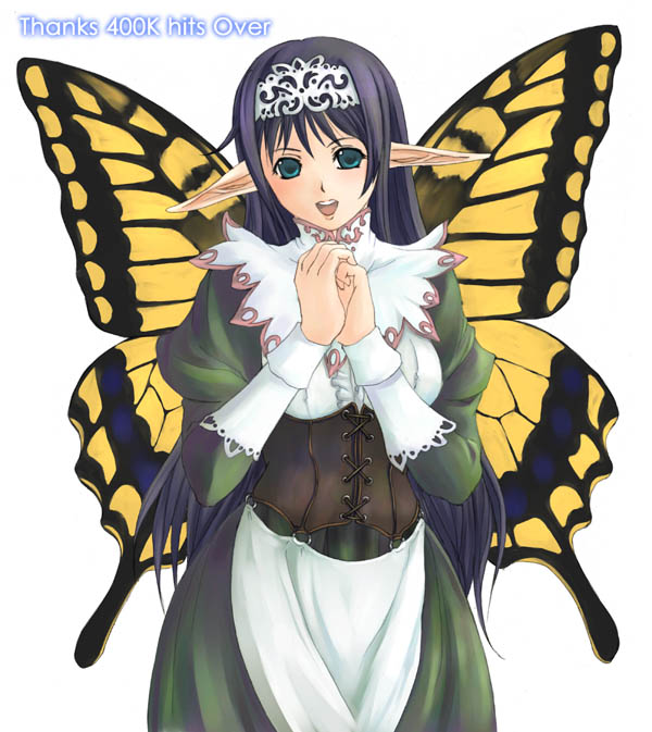genshi, 1girl, butterfly wings, corset, fairy, female focus, headdress, insect wings, milestone celebration, pointy ears, solo, wings
