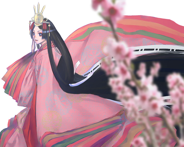 sakamoto mineji, original, traditional clothes, 1girl, absurdly long hair, black hair, blurry, brown eyes, cherry blossoms, depth of field, female focus, flower, hair ornament, japanese clothes, kimono, layered clothes, layered kimono, long hair, solo, very long hair