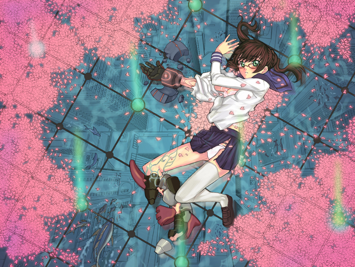 1girl, asymmetrical clothes, brown hair, female focus, glasses, green eyes, open clothes, open skirt, panties, pantyshot, petals, school uniform, serafuku, shoes, single thighhigh, skirt, solo, thighhighs, underwear, white panties, white thighhighs