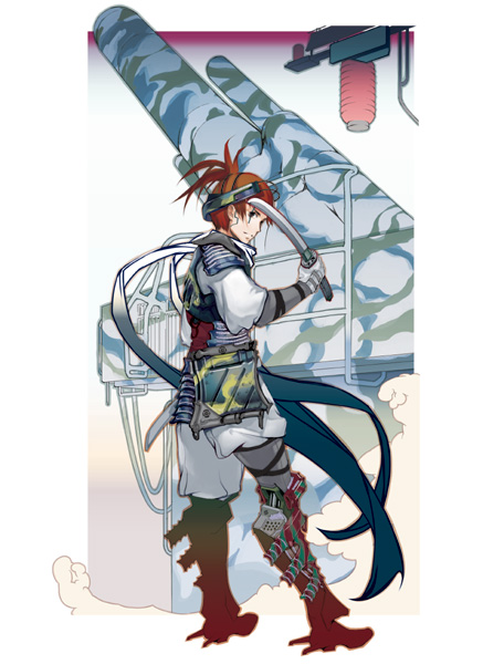 princess spirit, 1boy, armor, boots, brown hair, gloves, headgear, katana, male focus, pants, ponytail, scarf, short hair, solo, sword, vambraces, weapon