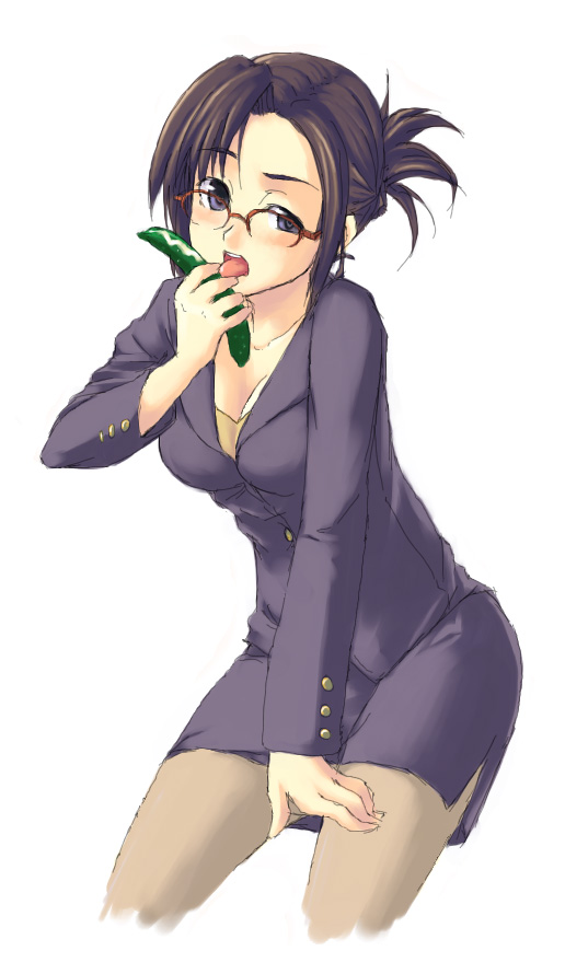 1girl, blue eyes, blush, breasts, brown hair, brown pantyhose, cleavage, cropped legs, cucumber, female focus, formal clothes, glasses, jacket, leaning forward, licking, long sleeves, miniskirt, pantyhose, pencil skirt, ponytail, red-framed eyewear, short hair, simple background, skirt, skirt suit, solo, suit, teacher, tongue, white background