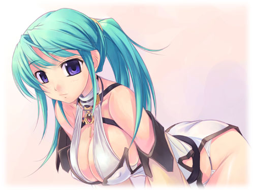 amei sumeru, lowres, bent over, breasts, cleavage, covered erect nipples, green hair, large breasts, long hair, panties, ponytail, purple eyes, smile, solo, underwear, white panties