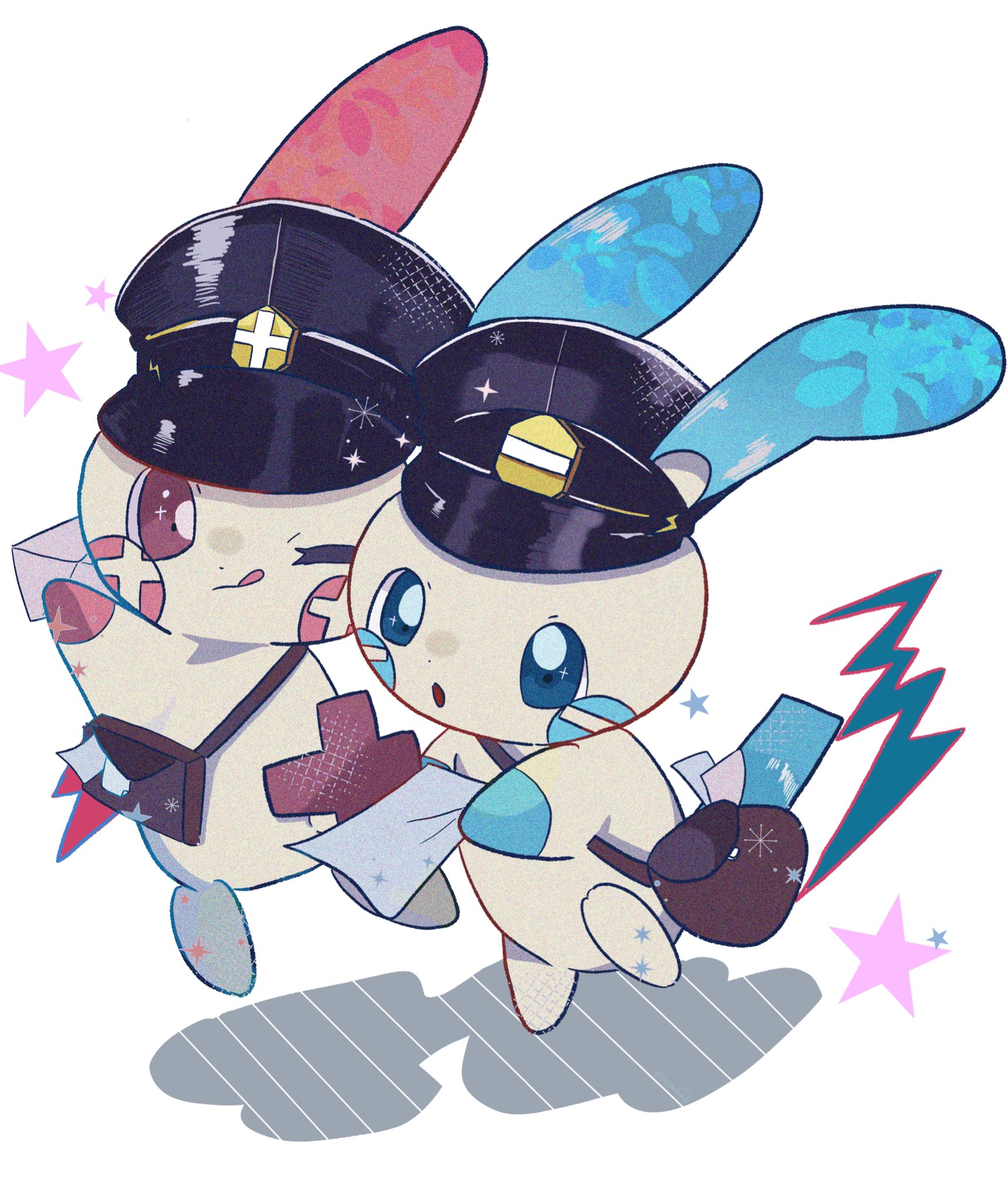 mendako (tyatyaumai29), minun, plusle, nintendo, pokemon, :o, animal focus, arm up, bag, black hat, blue eyes, closed mouth, ears through headwear, envelope, full body, gen 3 pokemon, happy, hat, holding, holding envelope, holding paper, licking lips, messenger bag, no humans, one eye closed, open mouth, paper, peaked cap, pokemon (creature), red eyes, shoulder bag, simple background, smile, standing, star (symbol), tongue, tongue out, walking, white background