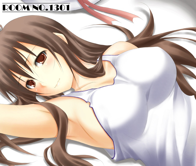 room no.1301, 1girl, armpits, blush, breasts, brown eyes, brown hair, female focus, hat, long hair, lying, on back, sideboob, smile, solo
