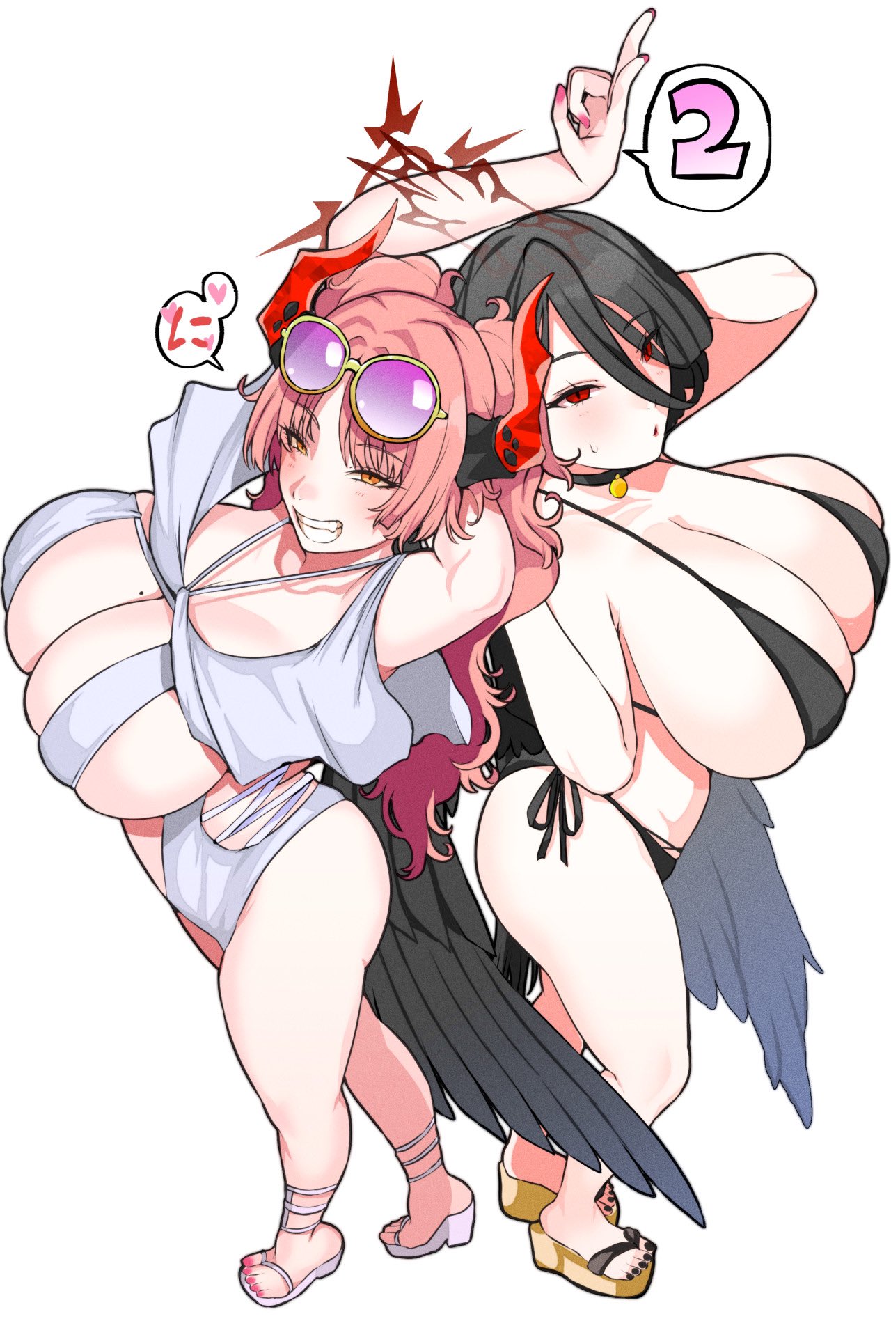 41 (taskmaster41), hasumi (blue archive), hasumi (swimsuit) (blue archive), satsuki (blue archive), blue archive, 2girls, anklet, arm behind head, arm up, back-to-back, bikini, black bikini, black choker, black hair, black nails, black wings, breasts, choker, cleavage, demon horns, eyes visible through hair, feathered wings, from above, from side, hair between eyes, hair over one eye, heart, horns, huge breasts, jewelry, lips, long hair, low wings, mole, mole on breast, multiple girls, nail polish, one-piece swimsuit, open mouth, orange eyes, pendant choker, pink-tinted eyewear, pink hair, pink nails, platform sandals, plunging neckline, red eyes, sandals, side-tie bikini bottom, sideboob, smile, standing, sunglasses, sunglasses on head, swimsuit, tinted eyewear, toenail polish, toenails, two side up, v, white background, white one-piece swimsuit, wings