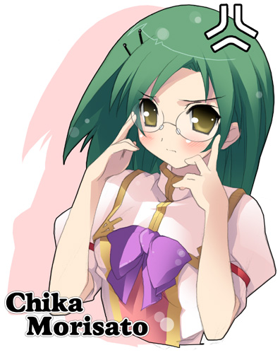 kantoku, morisato chika, angel breath, official art, 1girl, adjusting eyewear, anger vein, angry, annoyed, blush, bow, character name, female focus, flat chest, frown, glasses, green hair, hair ornament, hairclip, long hair, looking at viewer, ribbon, school uniform, serafuku, shadow, simple background, solo, sparkle, swept bangs, turtleneck, upper body, white background, yellow eyes
