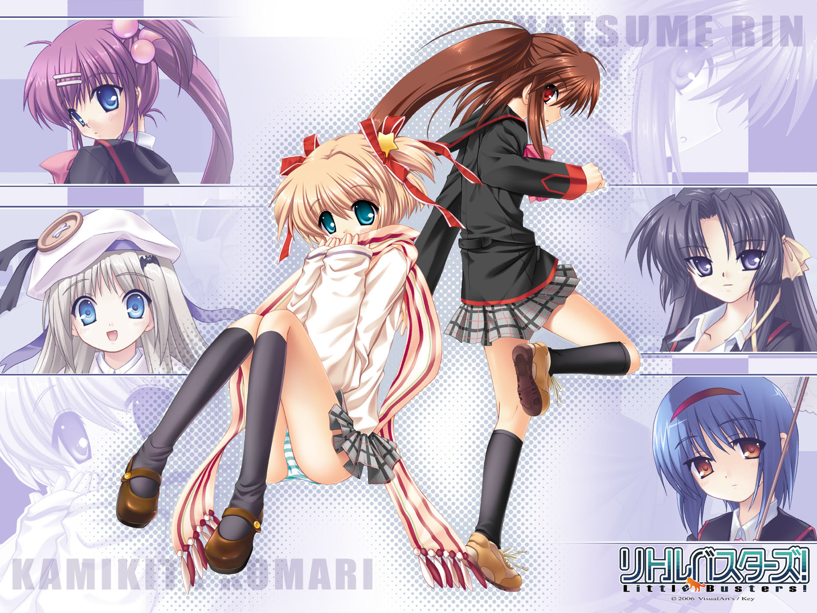 hinoue itaru, na-ga, kamikita komari, kurugaya yuiko, natsume rin, nishizono mio, noumi kudryavka, saigusa haruka, little busters!, highres, 5girls, :d, ahoge, beads, beret, black socks, blue eyes, blue hair, blush, brown hair, collarbone, covering own mouth, fang, hair beads, hair ornament, hair ribbon, hairband, hairpin, hat, head tilt, kneehighs, leg up, long sleeves, looking at viewer, multiple girls, open mouth, panties, pantyshot, parted bangs, plaid clothes, plaid skirt, purple eyes, purple hair, ribbon, short hair, side ponytail, sitting, skirt, smile, socks, stick, striped clothes, striped panties, sweater, teeth, turtleneck, two side up, underwear