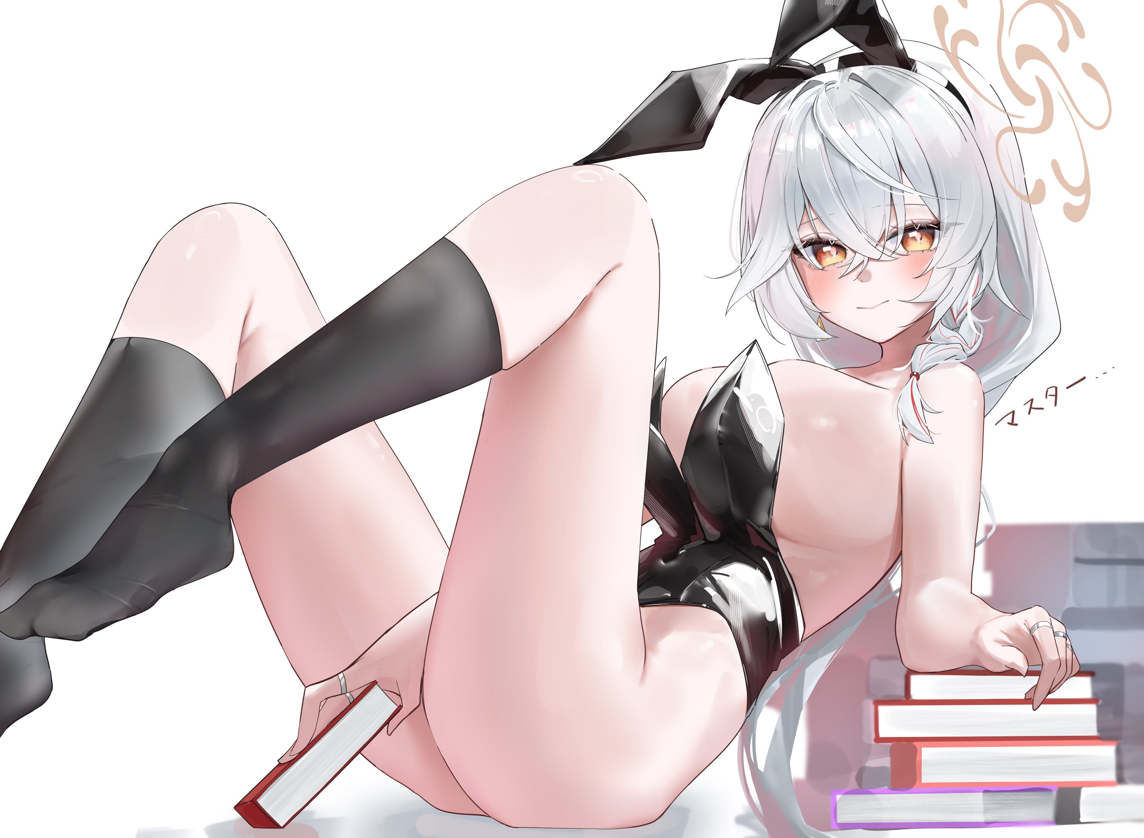 eri (blue archive), blue archive, ankle socks, ass, bare arms, blush, book, book stack, bow, bowtie, braid, breasts, bunny girl suit, halo, holding, holding book, jewelry, large breasts, leotard, long hair, rabbit ears, ring, sideboob, socks, thighs, white hair