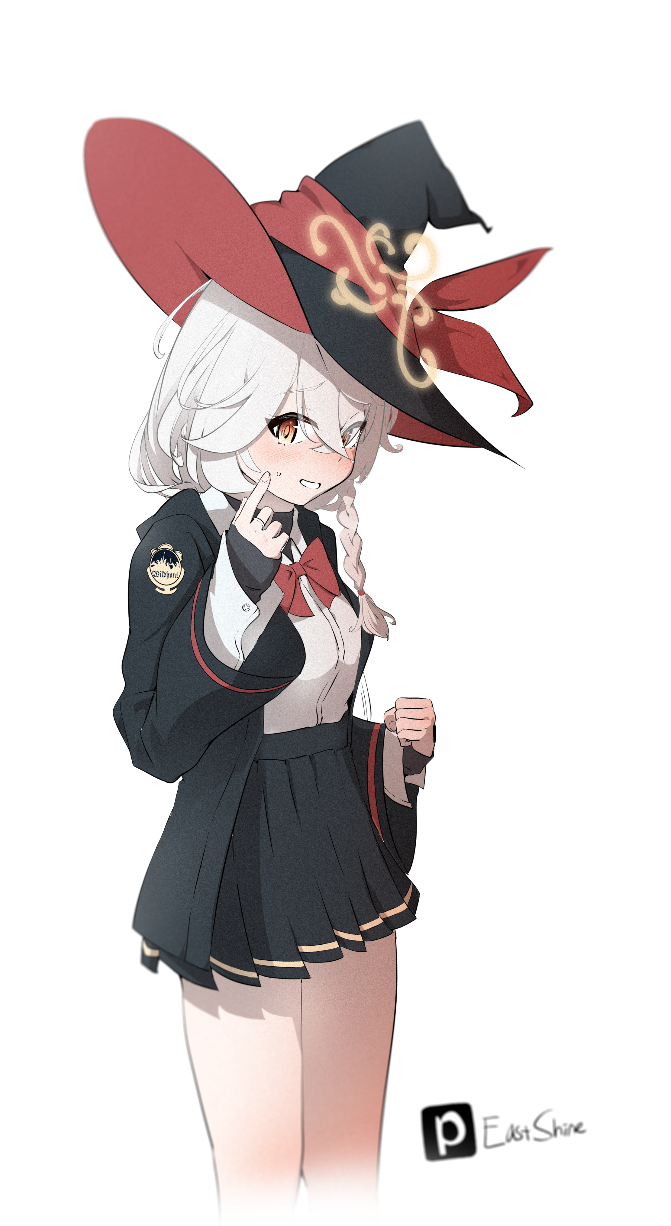 eri (blue archive), blue archive, bow, bowtie, braid, clenched hand, halo, hat, jacket, jewelry, long coat, long hair, ring, shirt, skirt, sleeves past wrists, sweater, thighs, white hair, witch hat