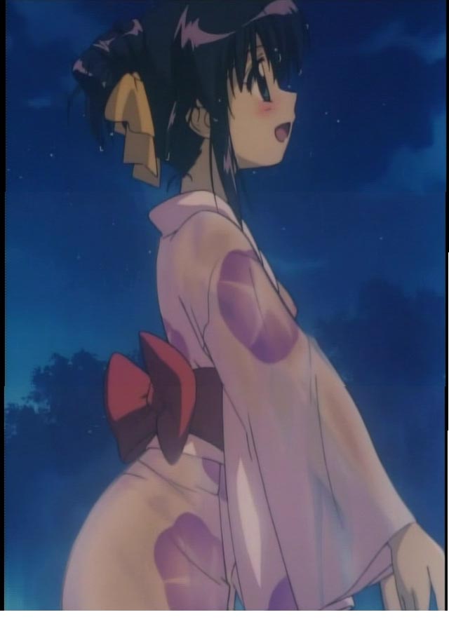 andou mahoro, mahoromatic, anime screenshot, stitched, third-party edit, blush, japanese clothes, kimono, smile, solo, wet, wet clothes