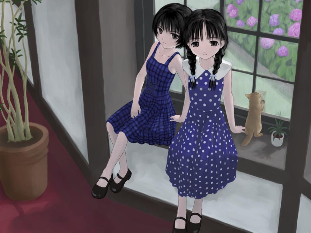 original, 2girls, cat, dress, multiple girls, window