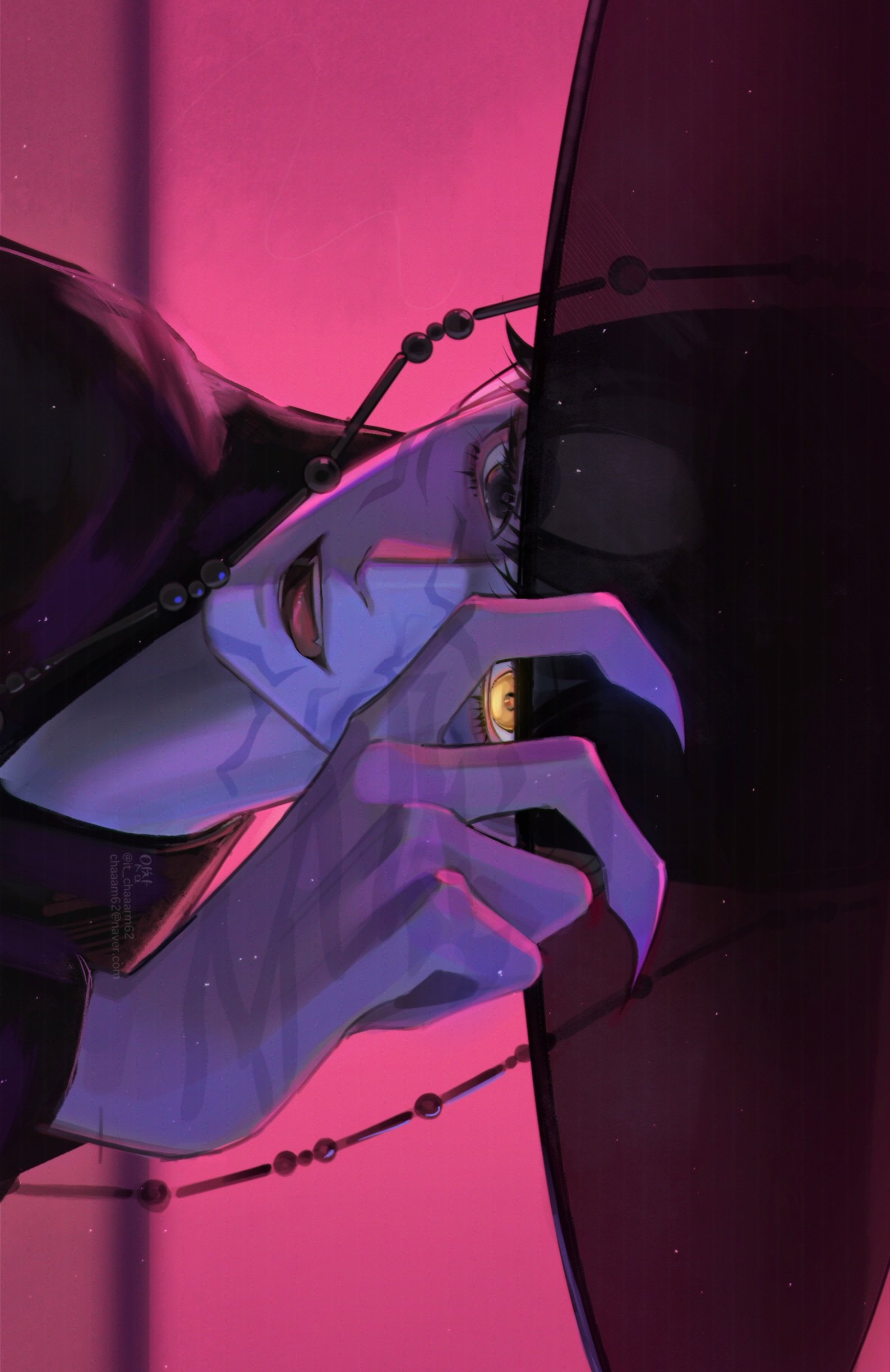 it chaaarm62, jinu (kpop demon hunters), kpop demon hunters, absurdres, highres, 1boy, adjusting clothes, adjusting headwear, black hair, black hat, black robe, brown eyes, claws, demon boy, facial mark, glowing, glowing eye, hair between eyes, hat, heterochromia, looking at viewer, male focus, open mouth, parted bangs, pink background, robe, see-through hat, short hair, solo, tongue, tongue out, upper body, yellow eyes