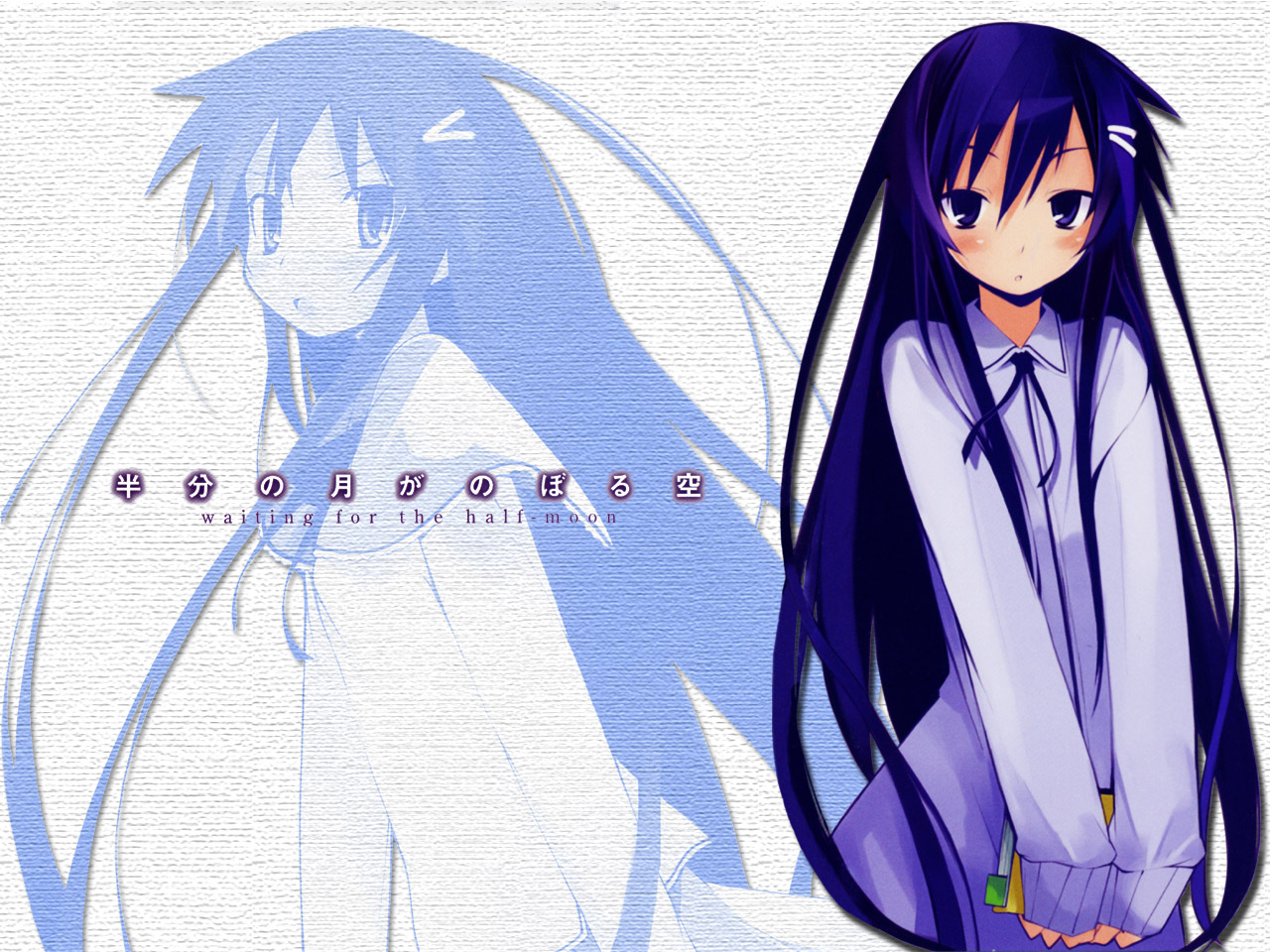 akiba rika, hanbun no tsuki ga noboru sora, 00s, 1girl, blue eyes, blue hair, blush, book, dress, female focus, hair ornament, hairclip, long hair, long sleeves, matching hair/eyes, purple eyes, purple hair, ribbon, sleeves past wrists, solo
