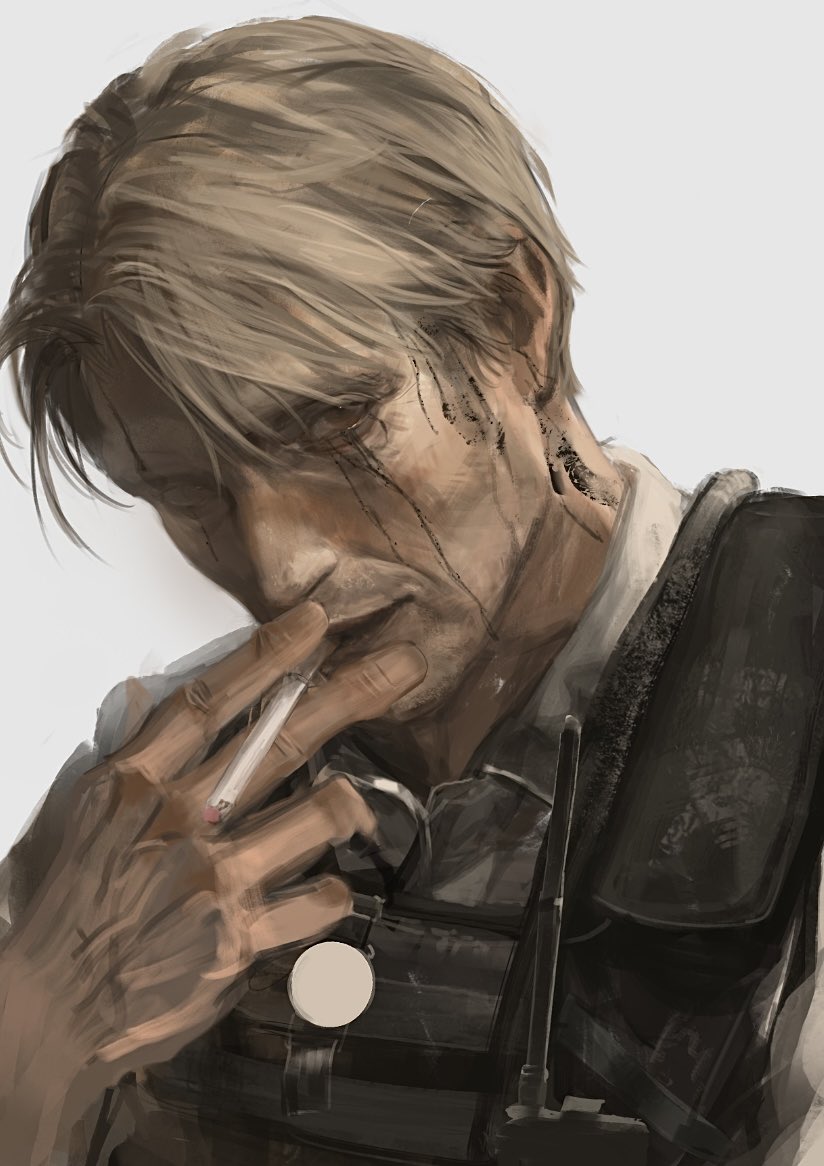 supergrass1004, mads mikkelsen, death stranding, 1boy, blonde hair, brown eyes, bulletproof vest, cigarette, cliff unger, collared shirt, dirty, dirty face, hair between eyes, holding, holding cigarette, looking at viewer, male focus, shirt, short hair, smoking, solo, upper body, walkie-talkie, white background