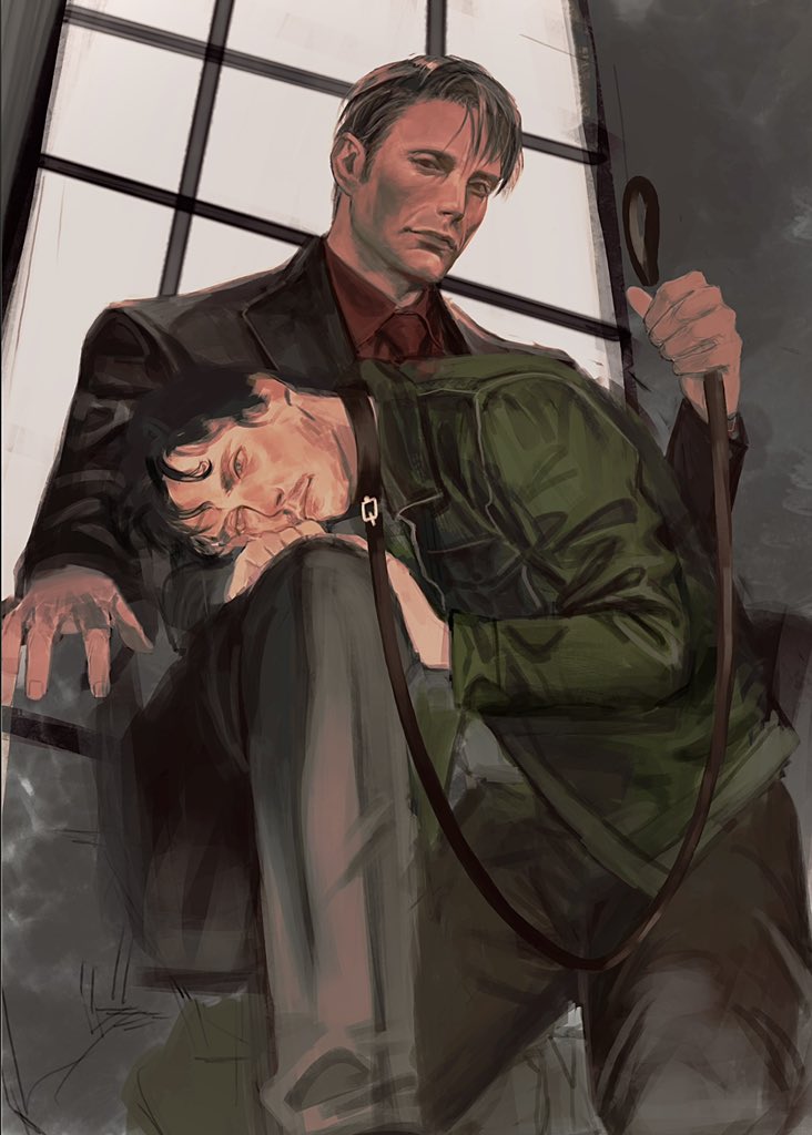 supergrass1004, hannibal lecter, will graham, hannibal (tv series), 2boys, animal collar, black jacket, black pantyhose, blonde hair, brown hair, closed mouth, collar, collared shirt, green jacket, grey pants, holding, holding leash, jacket, lap pillow, leash, male focus, multiple boys, necktie, pants, pantyhose, red necktie, red shirt, shirt, short hair, sitting, suit jacket, yaoi
