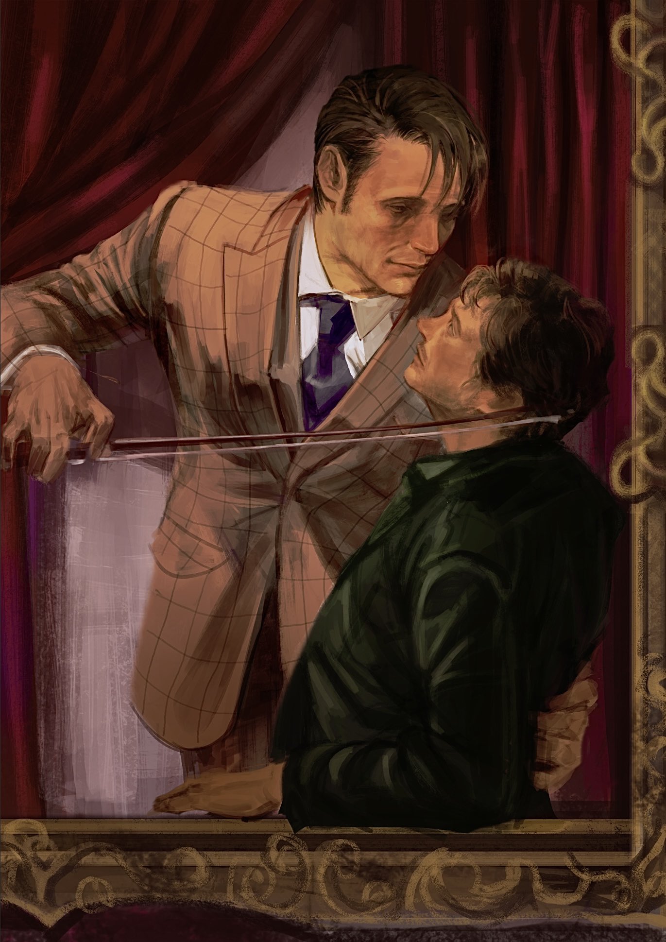 supergrass1004, hannibal lecter, will graham, hannibal (tv series), highres, 2boys, arm around back, black necktie, blonde hair, bow (music), brown hair, collared shirt, curtains, green jacket, grid print, holding, holding bow (music), jacket, looking at another, male focus, multiple boys, necktie, picture frame, print jacket, shirt, short hair, suit jacket, upper body, white shirt, yaoi