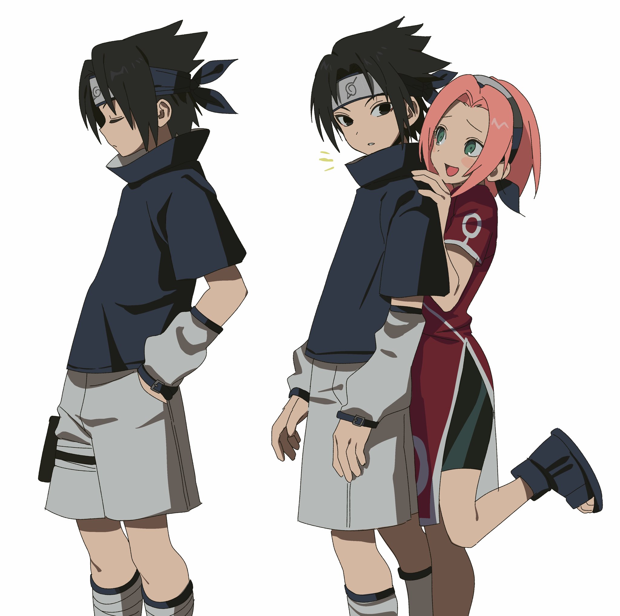 betti (xx betti), haruno sakura, uchiha sasuke, naruto (classic), naruto (series), highres, 1boy, 1girl, black hair, blush, forehead protector, green eyes, ninja, open mouth, pink hair, short hair, simple background, smile
