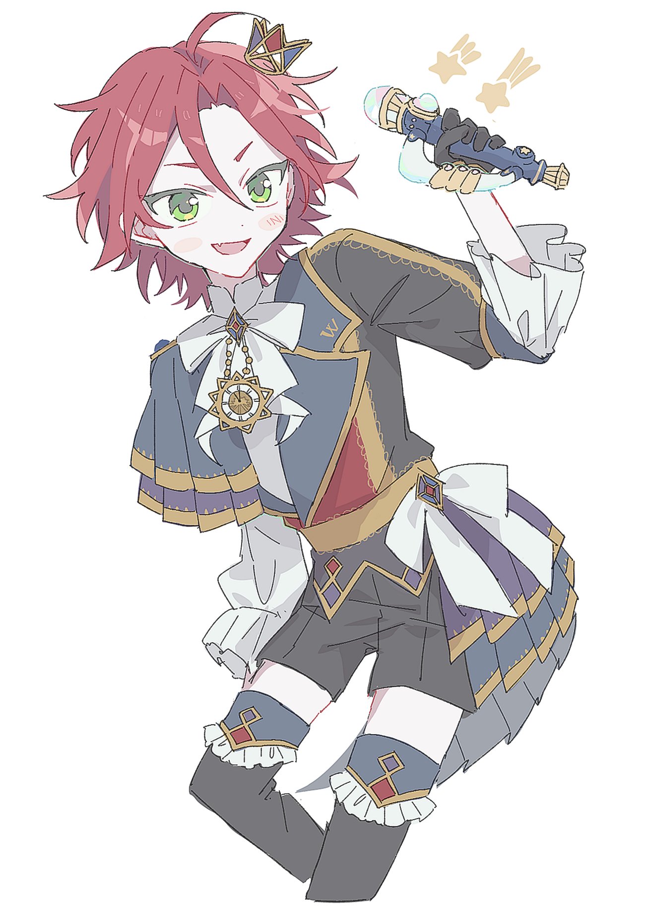 uta (utamilk), idol time pripara, pretty series, pripara, highres, 1boy, :d, black jacket, black shorts, cropped legs, crown, fang, feet out of frame, green eyes, hair between eyes, hand up, holding, holding microphone, idol clothes, jacket, long sleeves, looking at viewer, male focus, microphone, mitaka asahi, neck ribbon, open mouth, red hair, ribbon, short hair, shorts, simple background, smile, solo, standing, star (symbol), white background, white ribbon